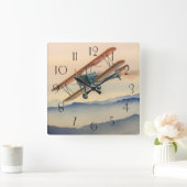 Double decker oldtimer propeller plane quadratische wanduhr (Zuhause)
