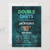 Double Digits Boys Neon Space 10. Geburtstag Einladung (Vorderseite)