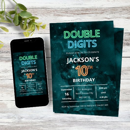 Double Digits Boys Neon Space 10th Birthday Einladung