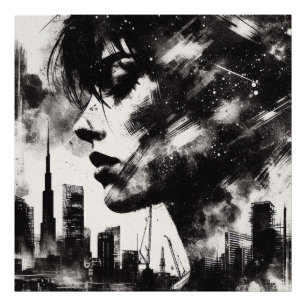 Double Exposure Mädchen und Stadt-Skyline, Schwarz Fotodruck