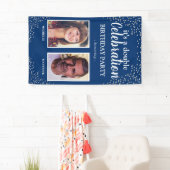 Double Foto Blue Silver Geburtstagsparty Banner (Insitu)