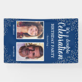 Double Foto Blue Silver Geburtstagsparty Banner (Horizontal)