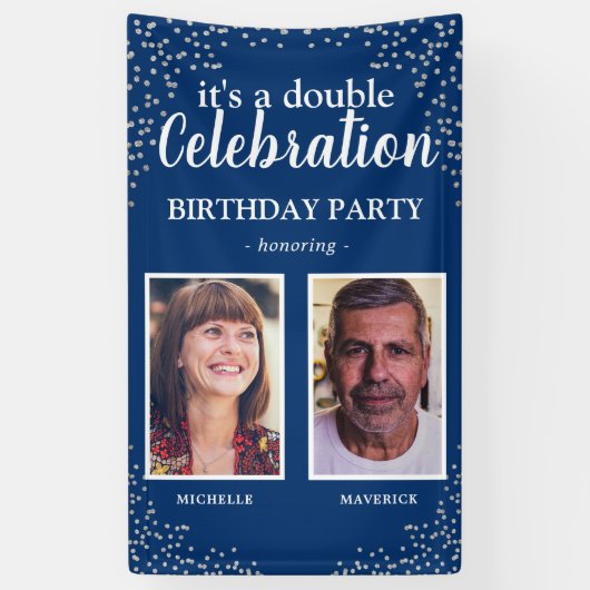 Double Foto Blue Silver Geburtstagsparty Banner (Vertikal)