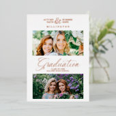 Double Graduation Chic Rose Gold 2 Photos Modern Folieneinladung (Stehend vorne)
