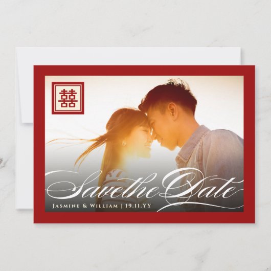 Double Happiness Classic Script Foto Chinesisch Save The Date (Vorderseite)