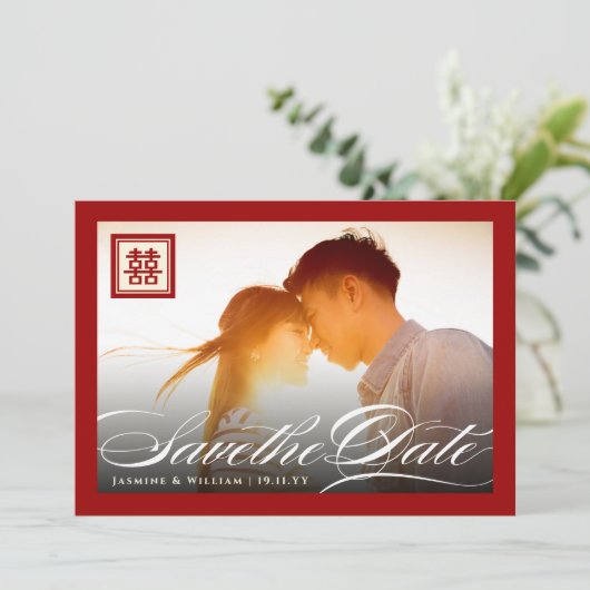 Double Happiness Classic Script Foto Chinesisch Save The Date (Stehend Vorderseite)
