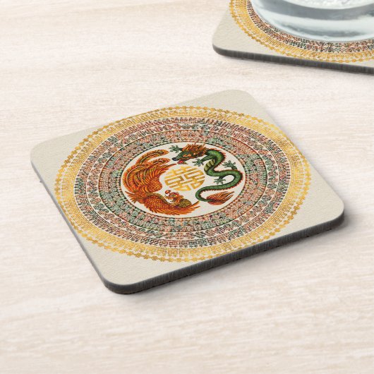 Double Happy Symbol mit Phoenix und Dragon Getränkeuntersetzer (Linke Seite)