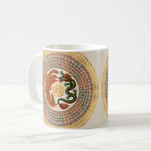Double Happy Symbol mit Phoenix und Dragon Kaffeetasse (Vorderseite Links)