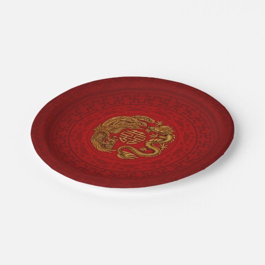 Double Happy Symbol mit Phoenix und Dragon Pappteller (Schrägansicht)