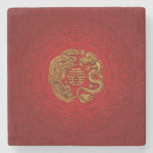 Double Happy Symbol mit Phoenix und Dragon Steinuntersetzer (Vorderseite)