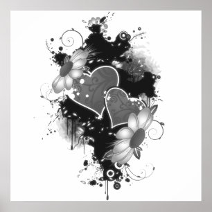 Double Hearts & Daisies - Gray B&W Poster