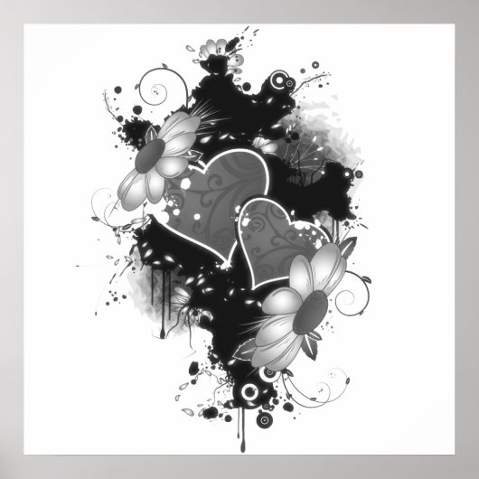 Double Hearts & Daisies - Gray B&W Poster (Vorne)