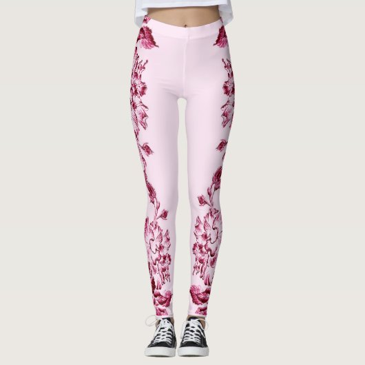 Double Hibiscus Pink on Black Leggings (Vorderseite)