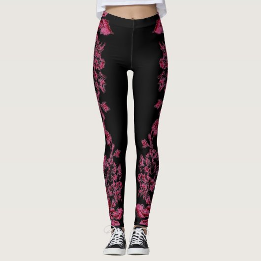 Double Hibiscus  Pink on Black  Leggings (Vorderseite)
