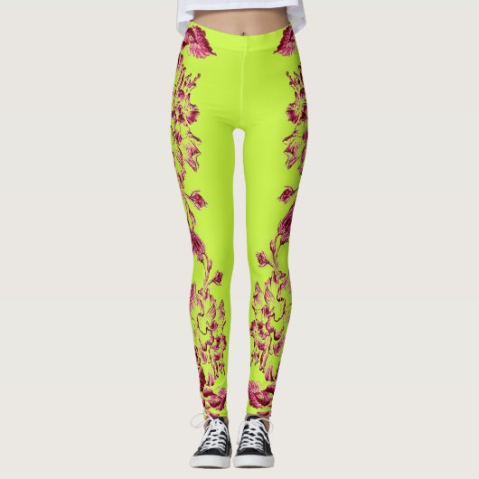 Double Hibiscus Pink on Lime  Leggings (Vorderseite)