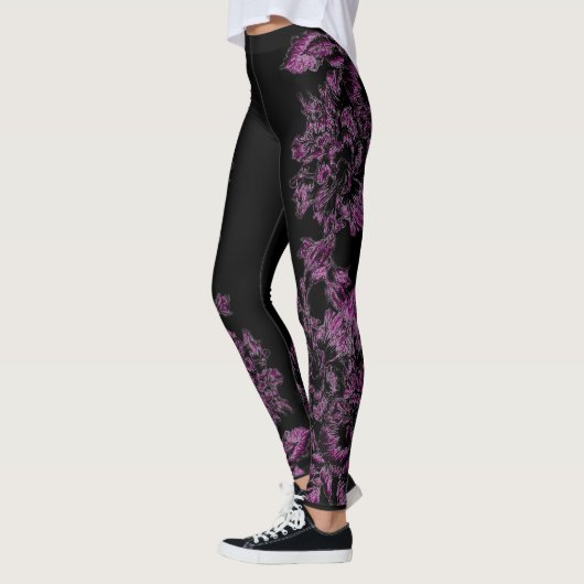 Double Hibiscus Purple on Black Leggings (Links)