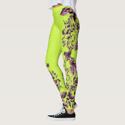 Double Hibiscus Purple on Lime Leggings (Links)