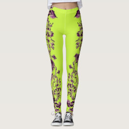 Double Hibiscus Purple on Lime  Leggings