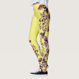 Double Hibiscus Purple on Yellow  Leggings