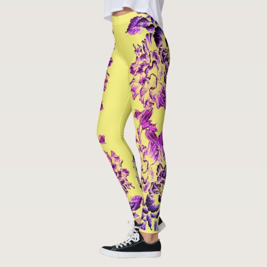 Double Hibiscus Purple on Yellow Varied Leggings (Links)