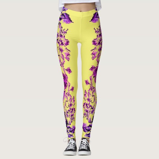 Double Hibiscus Purple on Yellow Varied Leggings (Vorderseite)