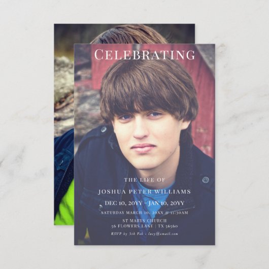 Double Photo Masculine Funeral Service Einladung (Vorne/Hinten)