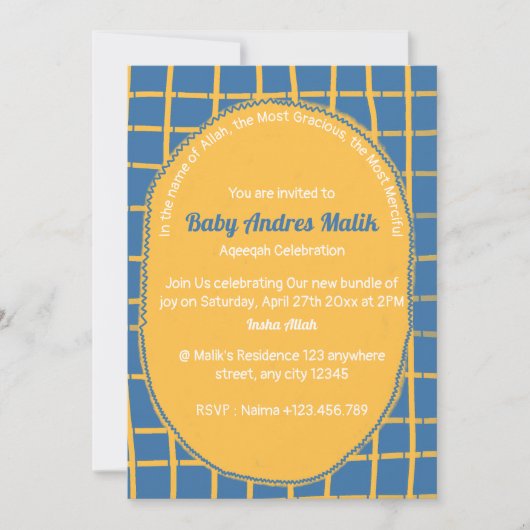 Double-Sided Blue Yellow Bright Plaid Hand-Drawn Einladung (Vorderseite)