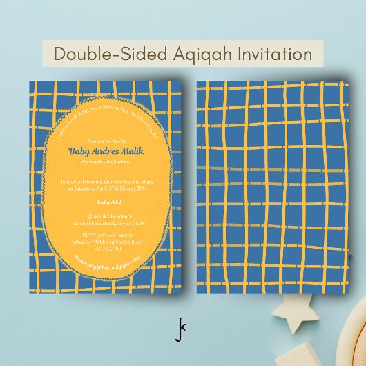Double-Sided Blue Yellow Bright Plaid Hand-Drawn Einladung