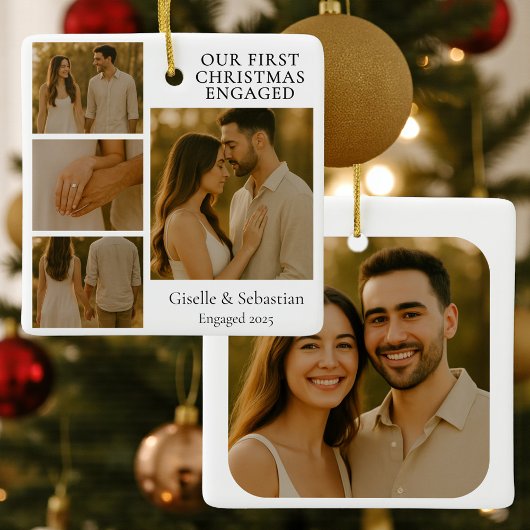 Double Sided First Christmas Engaged Photo Keramikornament