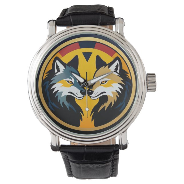 Double Wolf Emblem Logo With Golden Circle Armbanduhr (Vorderseite)