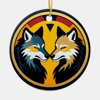 Double Wolf Emblem Logo With Golden Circle Keramik Ornament