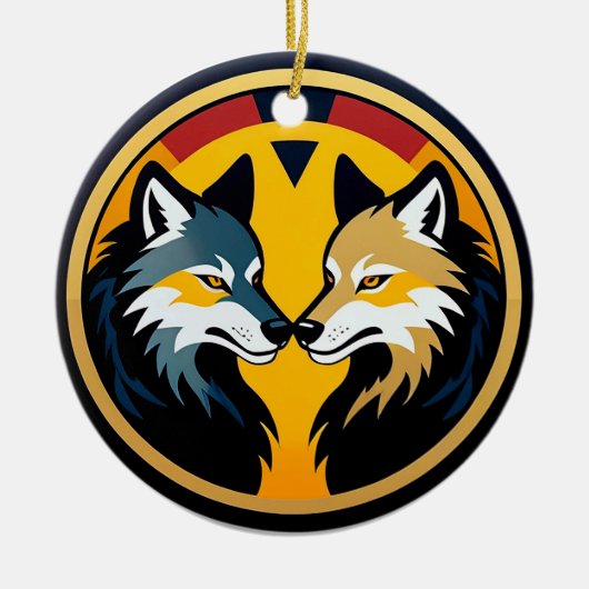 Double Wolf Emblem Logo With Golden Circle Keramik Ornament (Vorne)