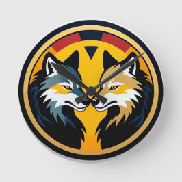 Double Wolf Emblem Logo With Golden Circle Runde Wanduhr