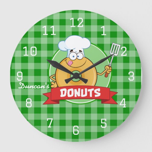 Doughnut Kitchen Koch Grüner Gingham Große Wanduhr (Vorderseite)