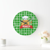 Doughnut Kitchen Koch Grüner Gingham Große Wanduhr (Zuhause)