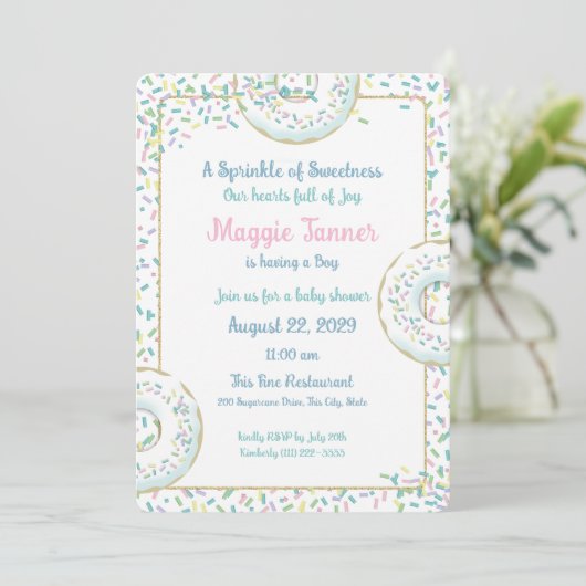 Doughnut und Candy Sprinkles Baby Boy Dusche Einladung (Stehend Vorderseite)
