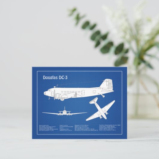 Douglas DC-3 - Airplane Blueprint Zeichnend Plan A Postkarte (Stehend Vorderseite)