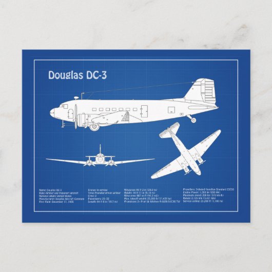 Douglas DC-3 - Airplane Blueprint Zeichnend Plan A Postkarte (Vorderseite)