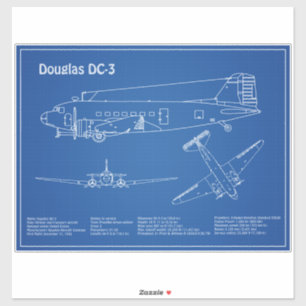 Douglas DC-3 - Airplane Blueprint Zeichnend Pläne  Aufkleber