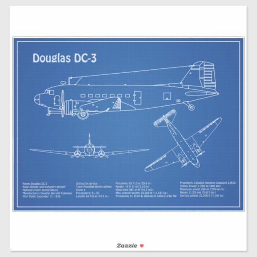 Douglas DC-3 - Airplane Blueprint Zeichnend Pläne  Aufkleber (Blatt)