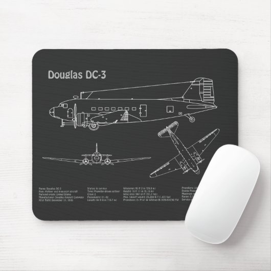 Douglas DC-3 - Airplane Blueprint Zeichnend Pläne  Mousepad (Mit Mouse)