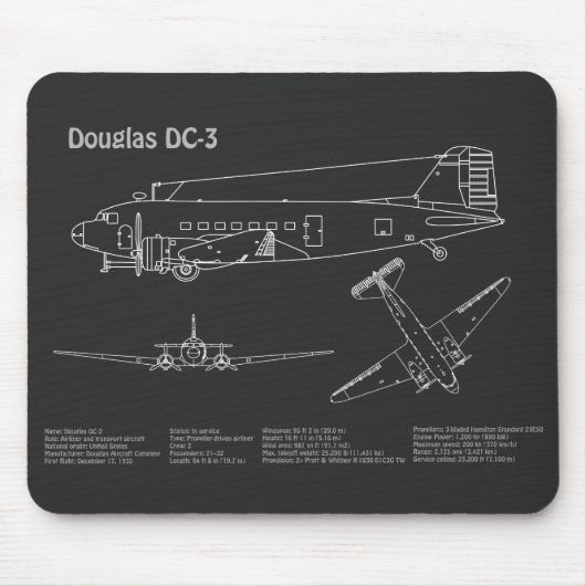 Douglas DC-3 - Airplane Blueprint Zeichnend Pläne  Mousepad (Vorne)