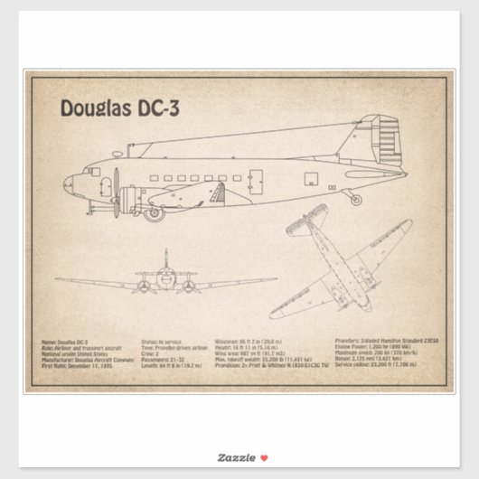 Douglas DC-3 - Flugzeugkonzept Zeichnend Pläne SD Aufkleber (Blatt)