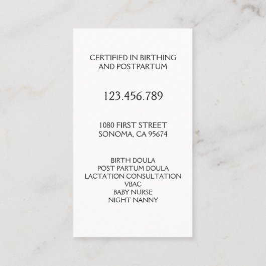Doula Birth Coach Lactation Berater Midfrau Visitenkarte (Rückseite)