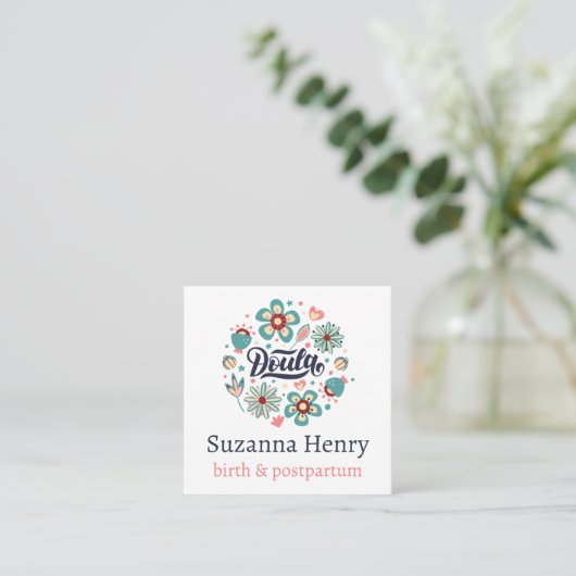 Doula Birth Postpartum Pink Floral Logo Quadratische Visitenkarte (Stehend Vorderseite)