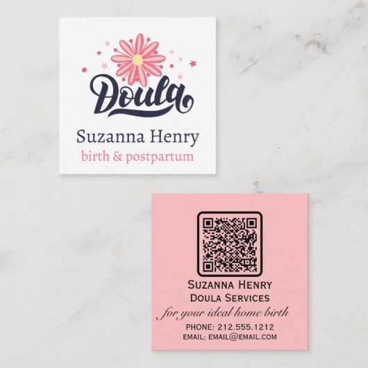 Doula Birth Postpartum Pink Floral Stars Logo Quadratische Visitenkarte (Vorne/Hinten)
