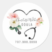 Doula Blumen-Stethoskop Runder Aufkleber (Vorderseite)