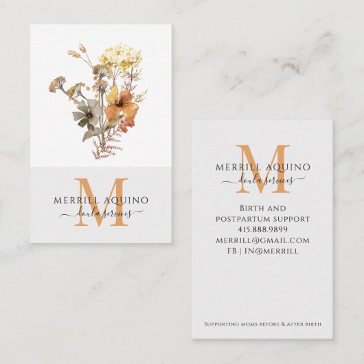 Doula Services Monogram Watercolor Floral Visitenkarte (Vorne/Hinten)