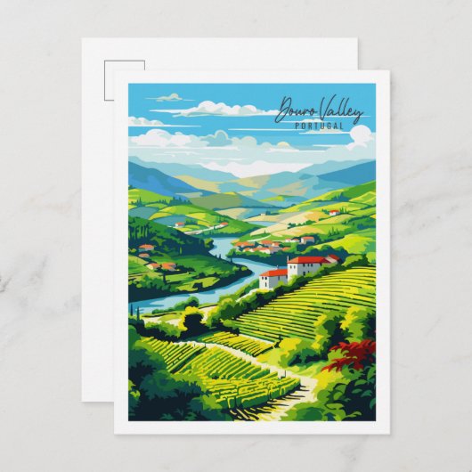 Douro Valley Portugal Vintage Illustration Postkarte (Vorne/Hinten)