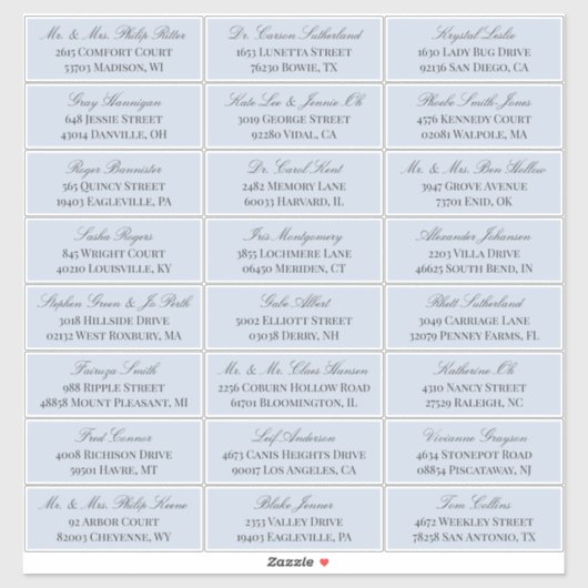 Dove Blue Elegant Script 24 Wedding Guest Address Aufkleber (Blatt)